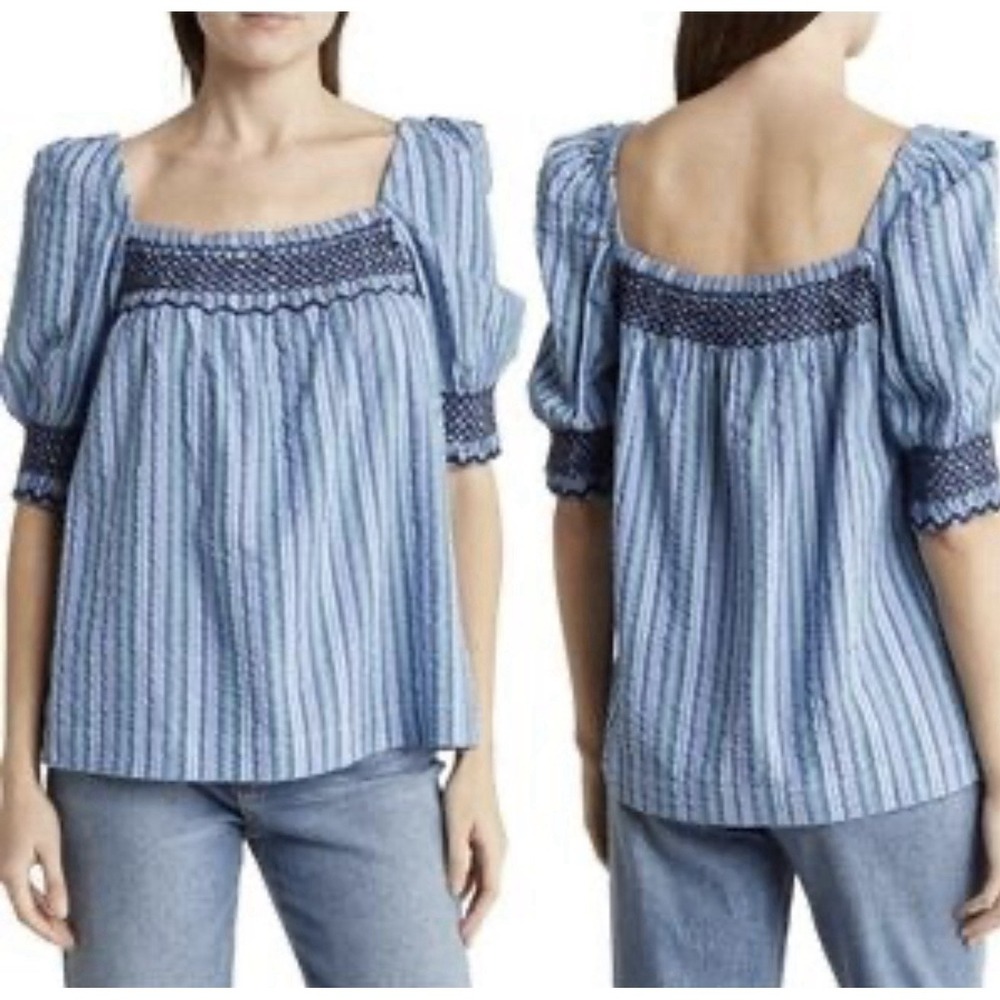 FAHERTY Presley Top S Blue Green Striped Smocked Peasant Gauze Blouse Coastal